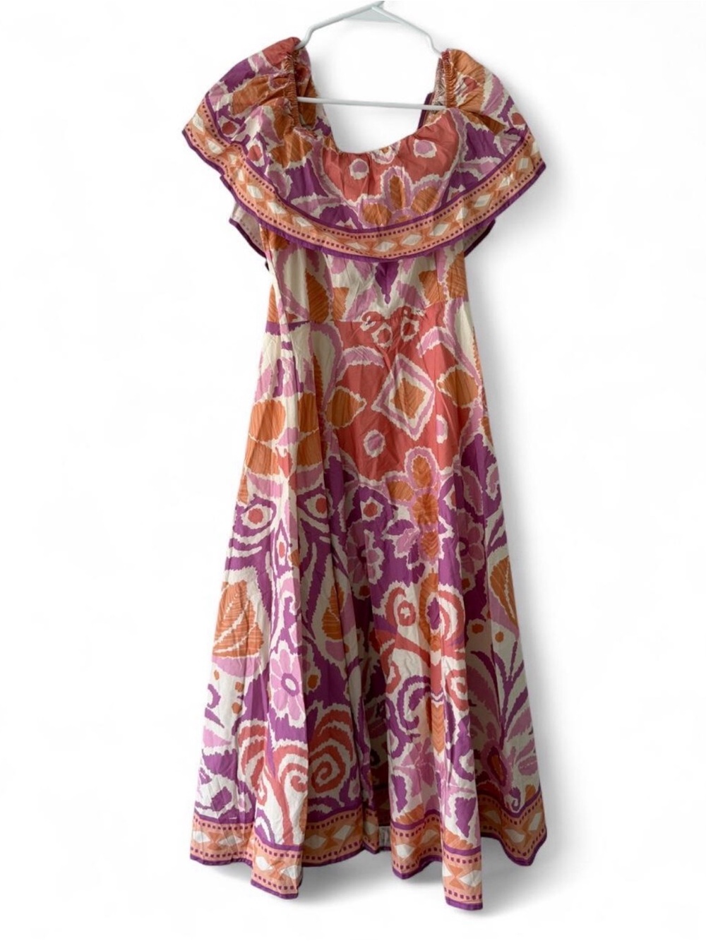 Flying Tomato Off-Shoulder Maxi Dress in Purple, Orange & Cream Pattern